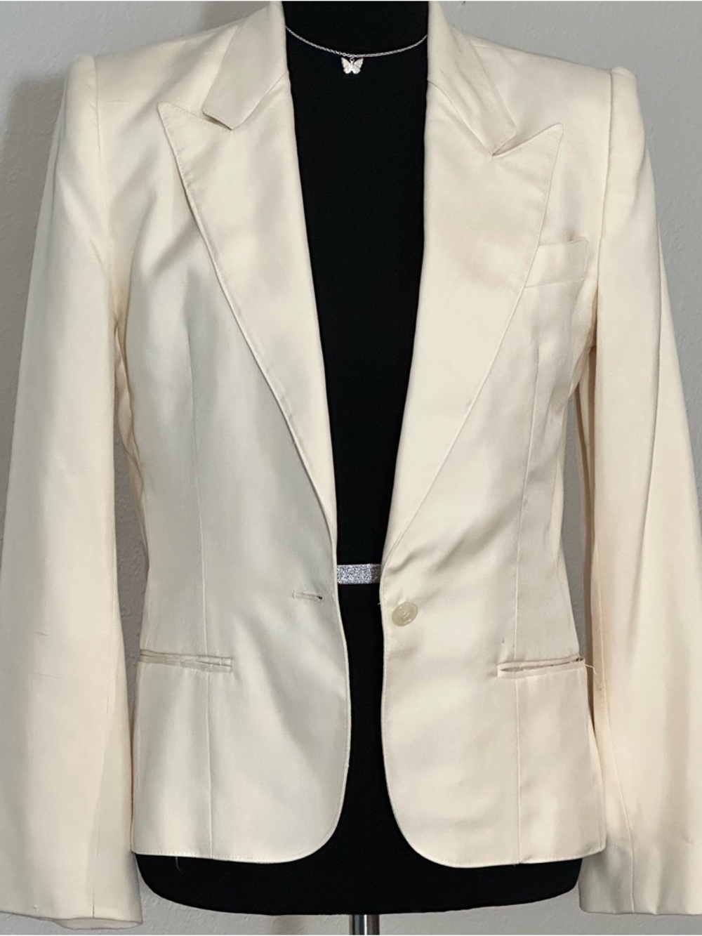 OSCAR DE LA RENTA Ivory Silk Satin Single-Breasted Blazer Jacket Vintage Size 10